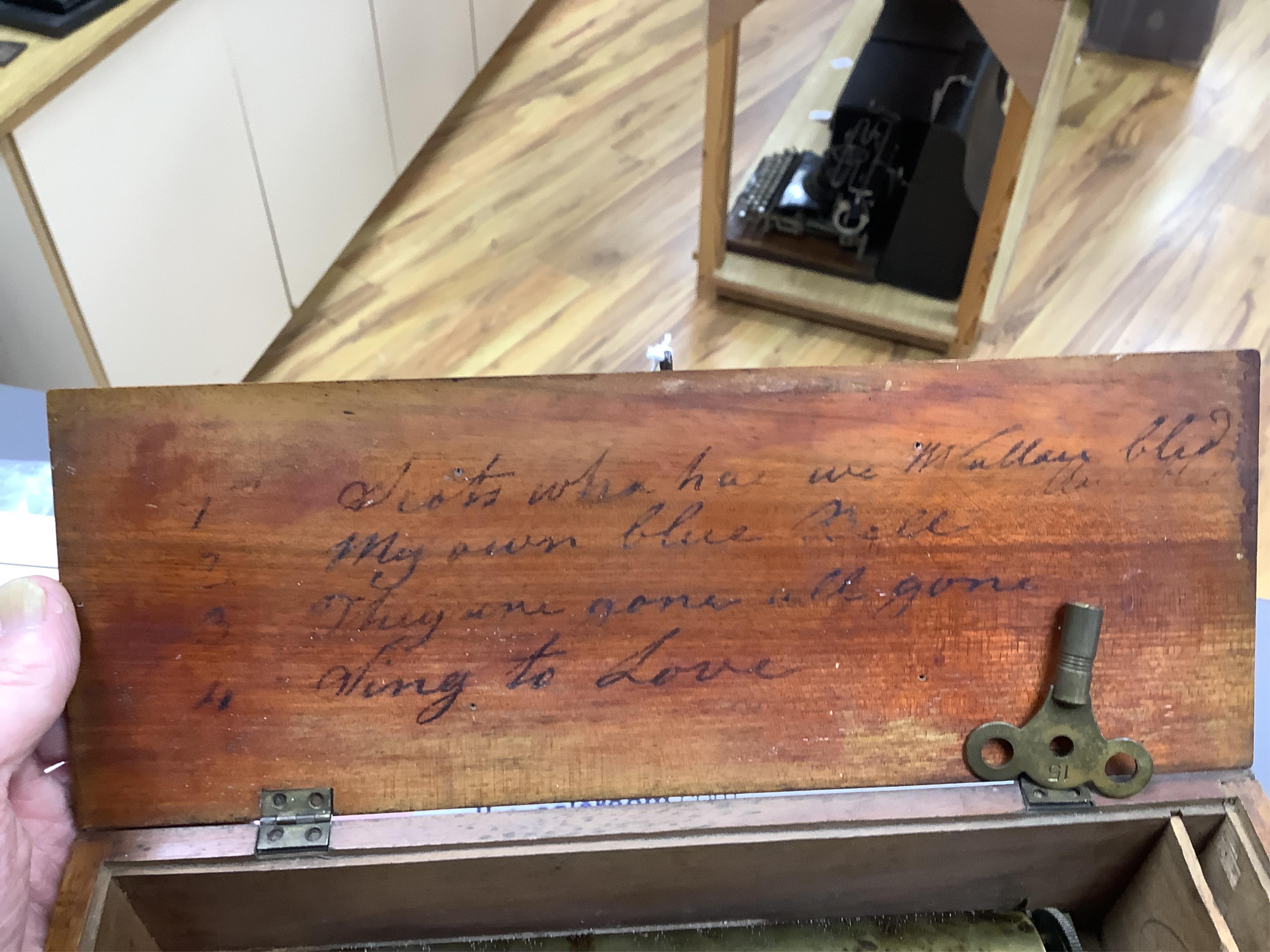 An early F. Nicole key-wound four-air Swiss cylinder box, number 14179, in mahogany case, cylinder length 19.5cm, case length 32cm.